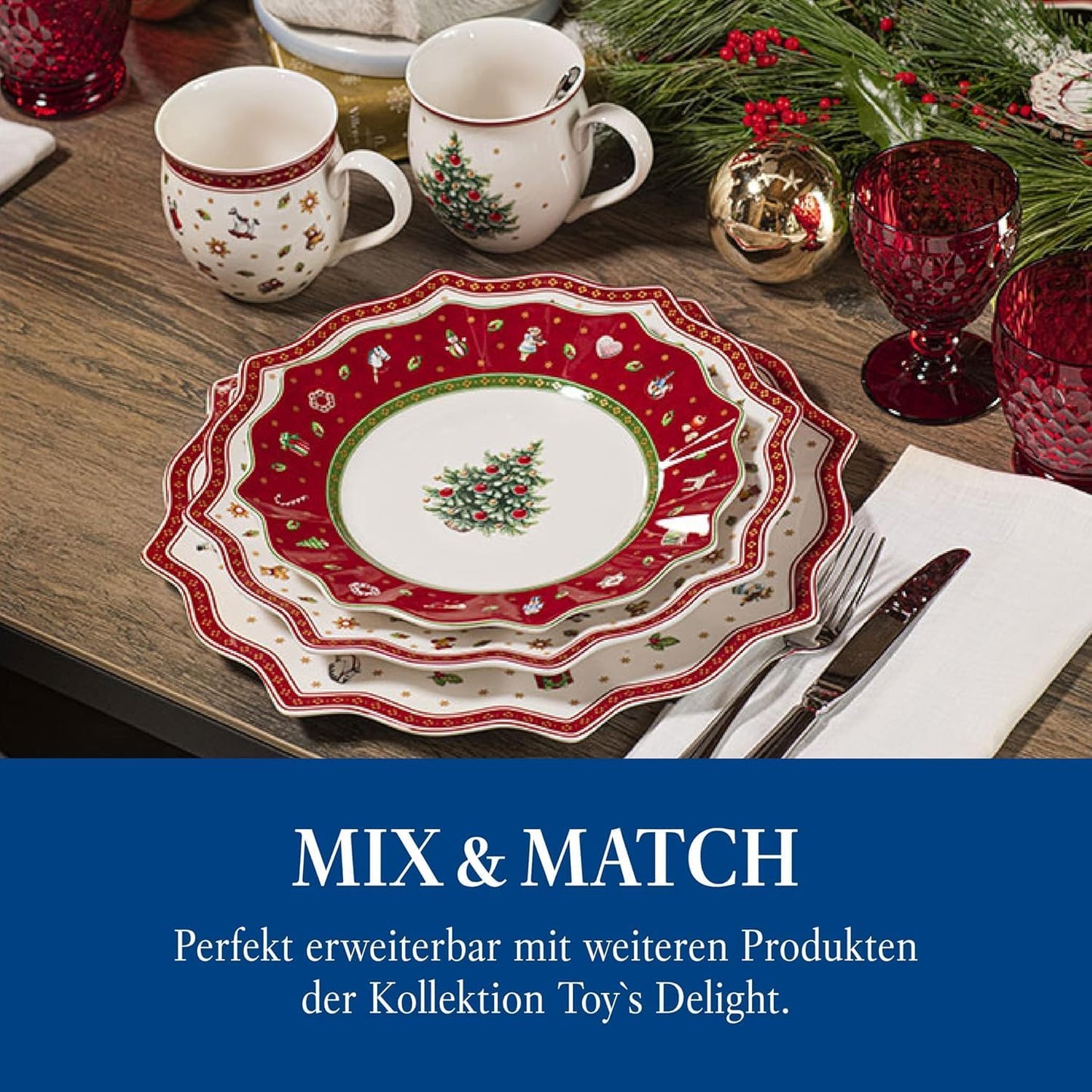 Villeroy & Boch Toy's Delight Breakfast for 2, Premium Porcelain, Red and White, Set of 6 pieces