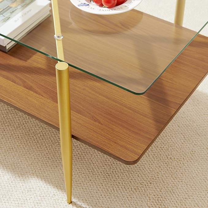 Pine Flicker Rectangle Coffee Table, Mid-Century Modern Design, L41*W21*H17 inch, for Living Room, Clear Glass Top and Walnut Finish Wood Shelf, Conical Metal Legs with Gold Finish