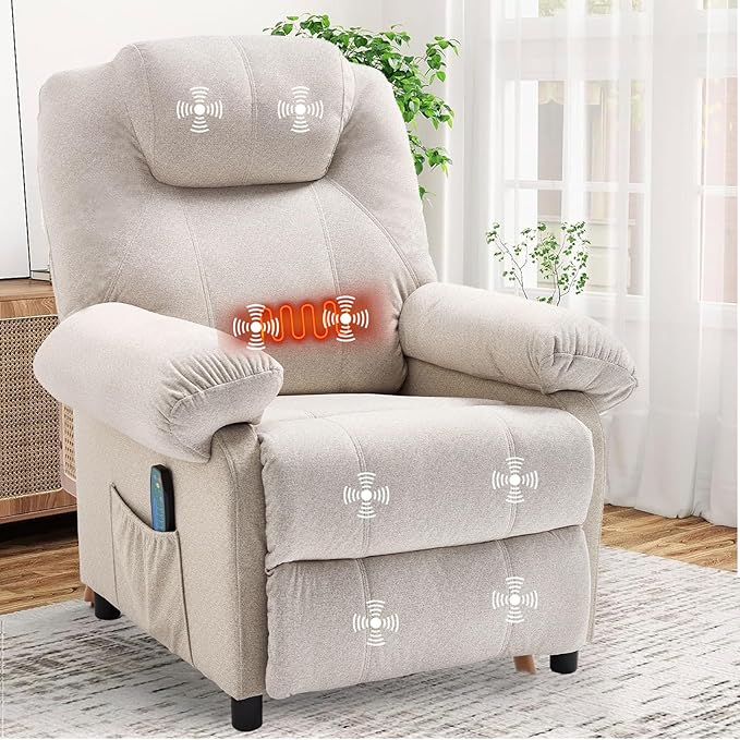 Massage Recliner Chair with Heat Small Recliners for Small Spaces Pushback Recliners Manual Reclining Chairs for Adult, Overstuffed Fabric Single Sofa with Side Pocket for Living Room,Beige