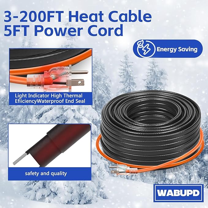 3FT-200FT Heat Tape for Water Pipes, -40°F Deicing Pipe Heat Cable,Electric Heating Cable Pipe,Frezze Protection for Heat Trace Cable for Metal, Plastic Home Pipes,Gutter,120V 5W/ft（3FT）