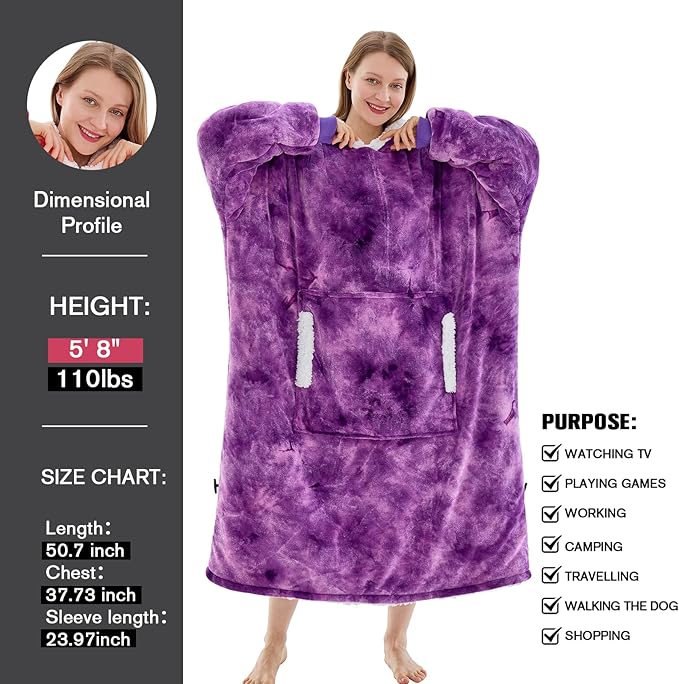 yescool Wearable Blanket Hoodie, Flannel Sherpa Fleece Blanket Sweatshirt for Adults Women Men,One Size Fits All