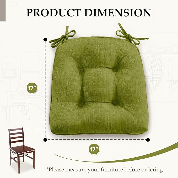 HARBOREST Chair Cushions for Dining Chairs Set of 4 - Chenille Tufted Kitchen Chair Cushions with Ties and Non-Slip Bottom, Foam Chair Pads for Dining Chairs, 17" x 17", Green