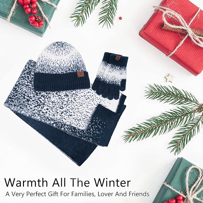 Womens Winter Knit Beanie Hats and Touchscreen Gloves Long Scarf Set with Warm Fleece Lined Skull Caps Scarves for Women