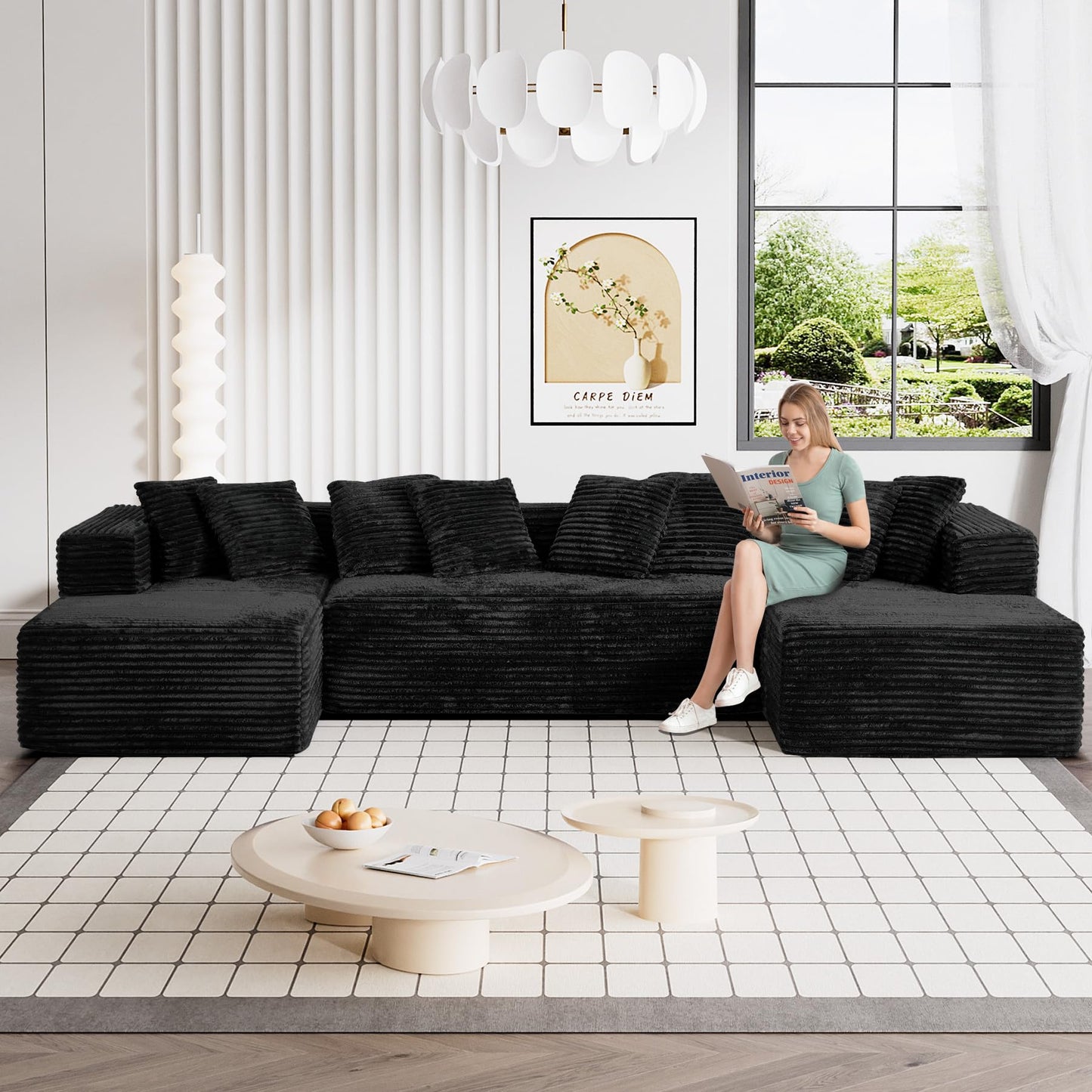 ONEMMLION 131" Modular Sectional Sofa Cloud Couch, Corduroy Memory Foam Black Sectional Couches for Living Room, Modern Deep Seat Boneless Sofa, Comfy Fluffy Plush U Shaped Couch with Chaise Lounge