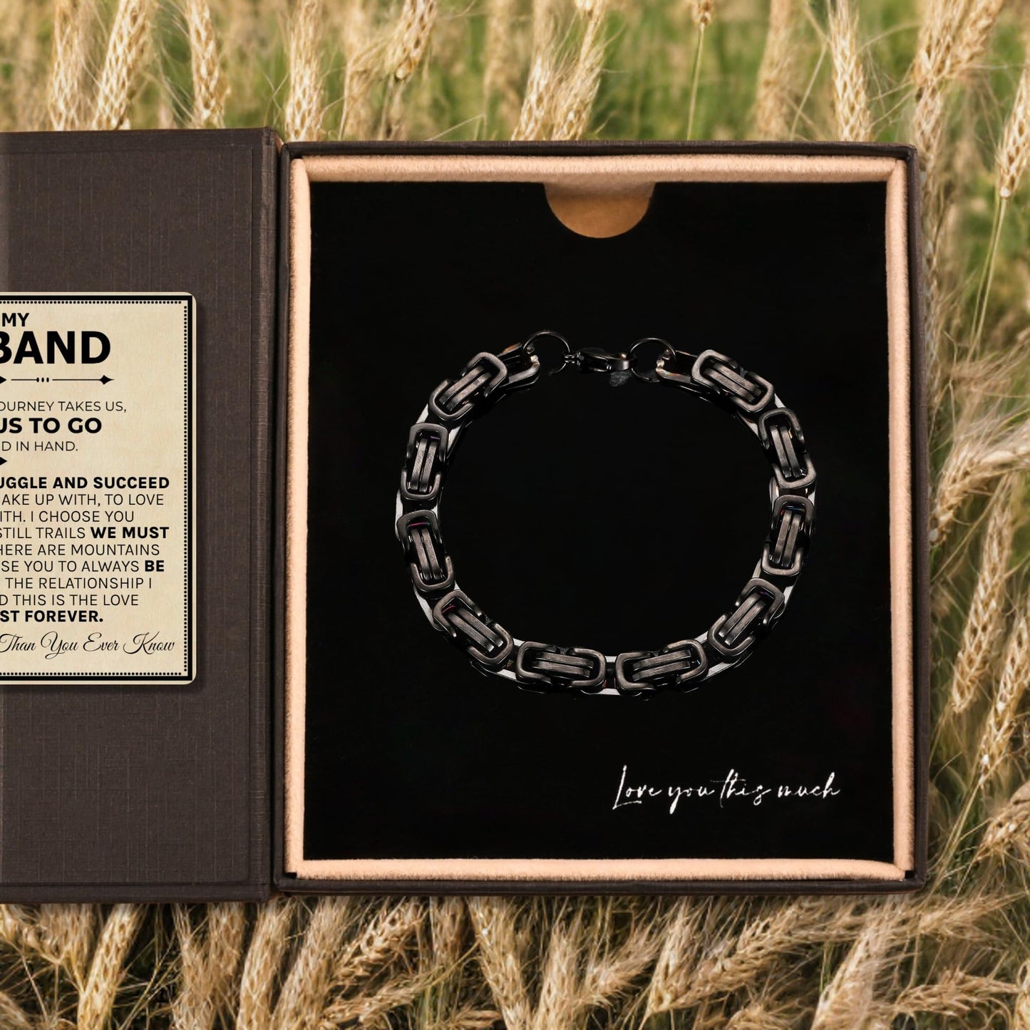 Love You This Much To My Husband Classic Steel Bracelet | Gift for Husband | Best Gift for Hubby Birthday (Twist Link Bracelet, Titan Black Finish)
