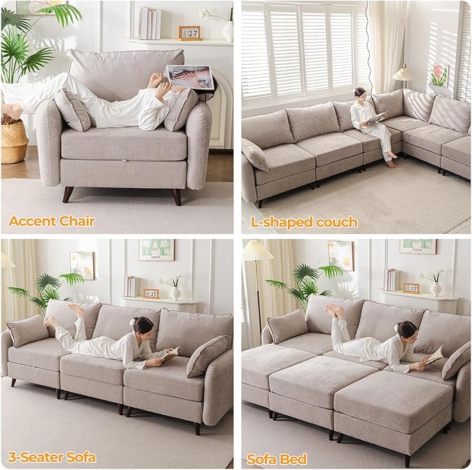 Rexulqo 104'' Modular Sectional Sofa with All Seats Storage, Oversized Sleeper Sofa Bed for Living Room,3-Seater Comfy Cloud Couches with Movable Ottoman,Big Sectional for Bedroom,Velet,Khaki