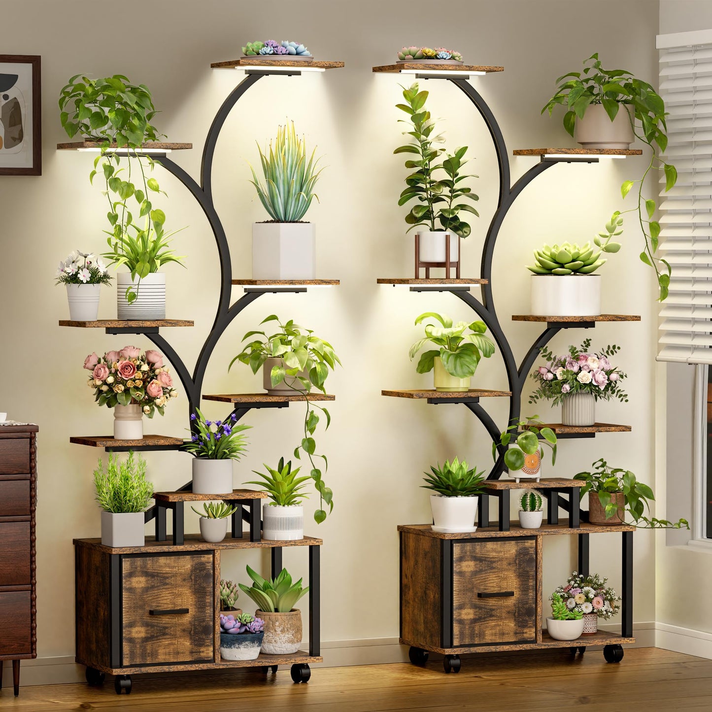 Plant Stand Indoor with Grow Light, 9 Tiered Plant Shelf with Wheels, 65" Tall Plant Stand for Indoor Plants Multiple with Drawer, Flower Holder for Living Room Patio, Balcony (Black+Brown, 1 Pack)