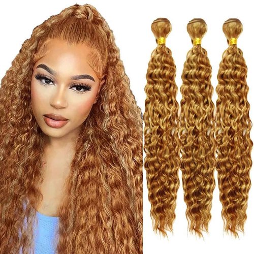 Fabimiya Human Hair Bundles 20 22 24 Inch Light Brown P27/30 Deep Wave Bundles Human Hair 100% Unprocessed Soft Sewn In Hair with Double Weft for Black Women