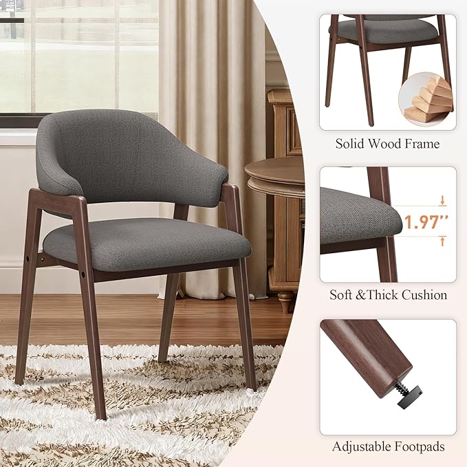 MALOL Wooden Dining Chairs Set of 6, Modern Fabric Upholstered Dining Room Chair, Kitchen Side Chairs, Farmhouse Dinner Chair with Curved Open Back for Kitchen, Grey