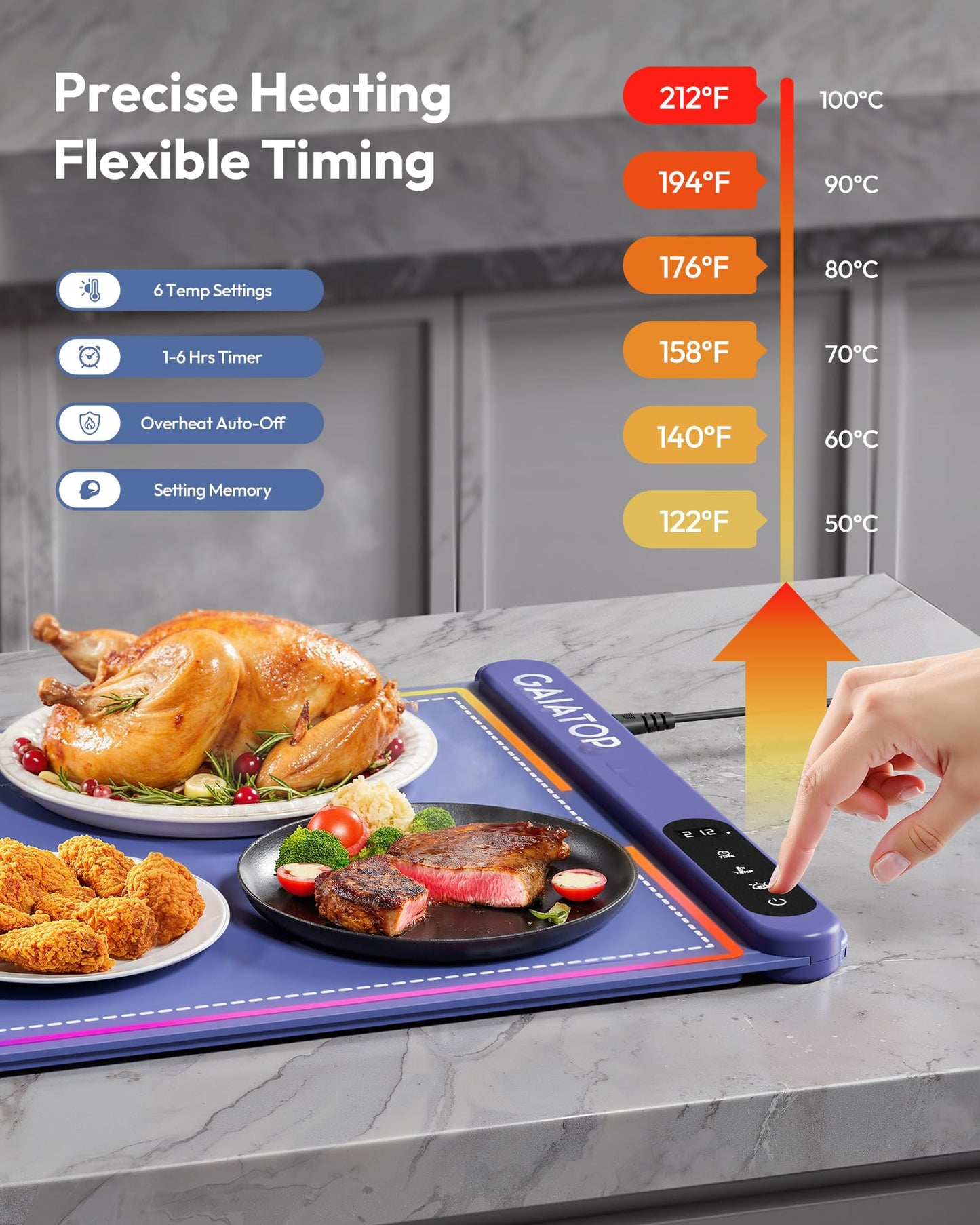Gaiatop Warming Mat for Food with Trivet & Light, Plateful Food Warming Mats for Countertop, 6 Temp Level, 6 Timer Settings, Full-Surface Fast Heating, Portable Silicone Food Warmer for Parties Buffet