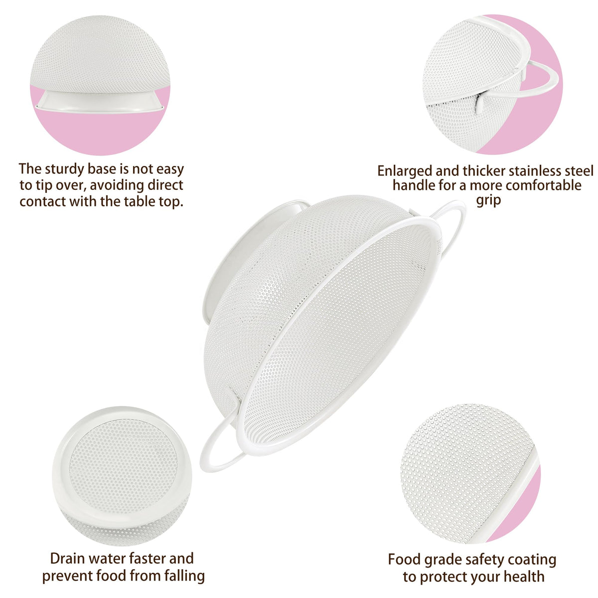 Stainless Steel Colander 3 Piece,Metal Strainer Basket with Solid Base and Handles for Kitchen Food,Pasta, Noodles, Vegetables and Fruits,Powder Coated,BPA Free,Dishwasher Safe,2 & 3 & 4.5 Qt (Cream)