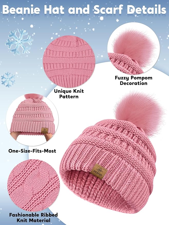 URATOT 4-In-1 Winter Warm Sets Knitted Scarf Touch Screen Gloves Beanie Pompom Hat and Winter Ear Warmer for Men or Women