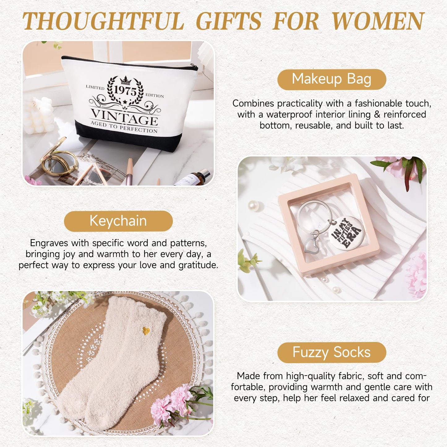 iAOVUEBY 50th Birthday Gifts for Women Her, Cool Gifts for 50 Year Old Woman, Fifty Birthday Canvas Tote Bag Glass Cup Candle Gift Basket Ideas Daughter Mom Sister Friend Wife Coworkers