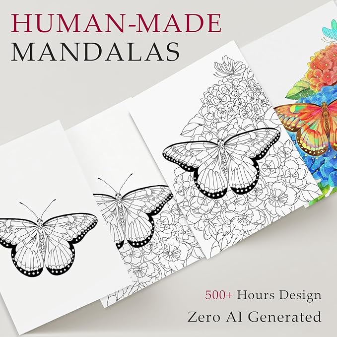 Hardcover Adult Coloring Book for Women Relaxation, 50 Patterns Spiral Bound Mindfulness Butterfly Coloring Books for Adult with 36 Dual-tip Markers, Inspirational Coloring Books Set Gift for Women