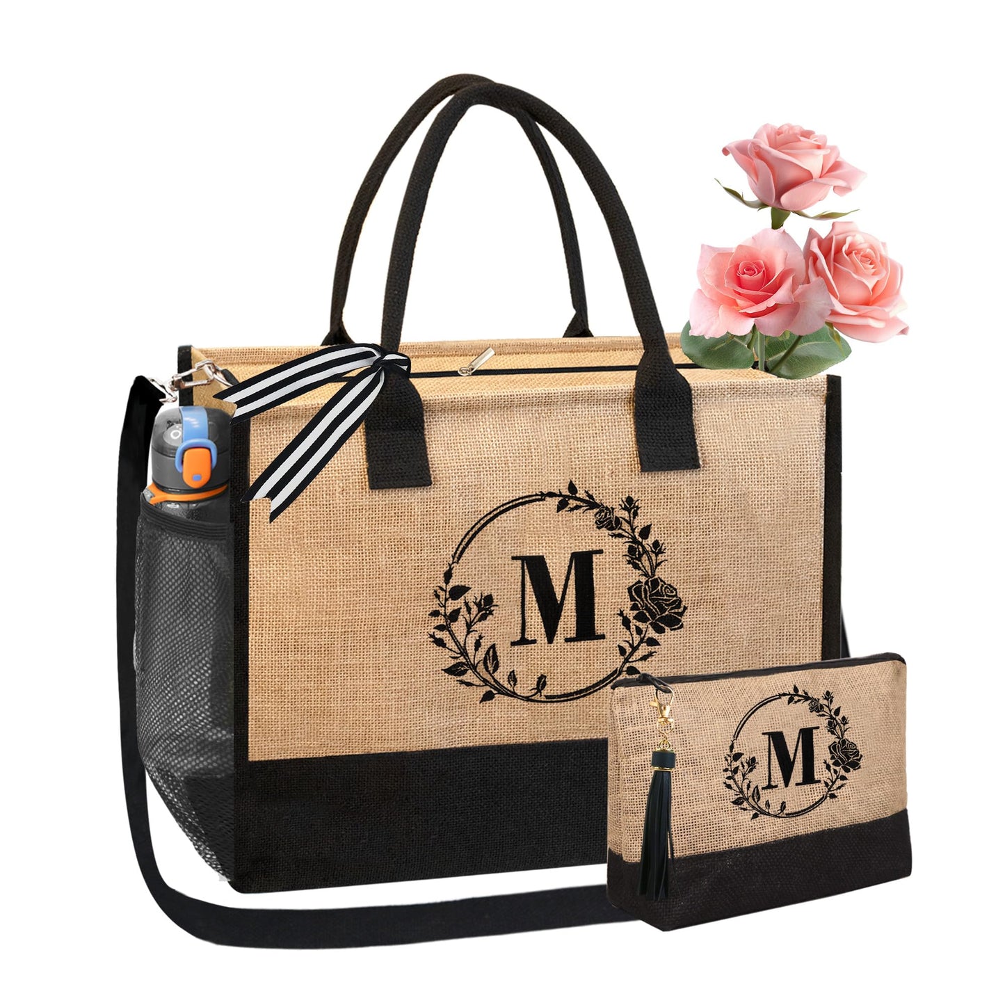 BeeGreen Beach Bag for Women Personalized Birthday Gifts for Friends Mother Bride Initial Jute Tote Bag with Zipper Closure Embroidery Large Teacher Tote Bag with Inner& Side Pouch M
