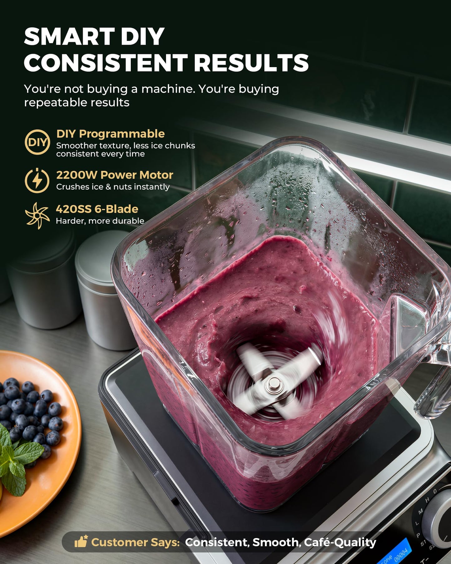 WantJoin Commercial Blender - 68 oz Quiet Blender for Smoothies with LED Touch Panel & Sound Enclosure, 2200W Copper Motor, 30000RPM, 7 Speeds for Frozen Drinks, Juice, Soup