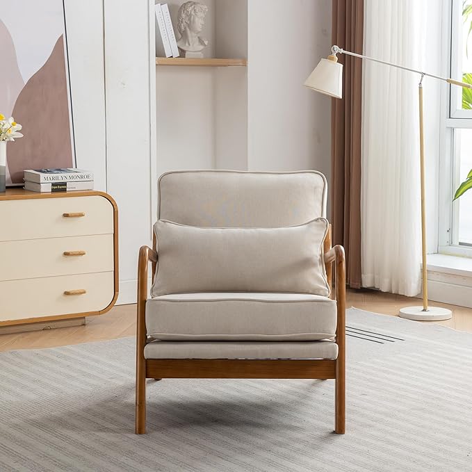SEYNAR Mid-Century Accent Chair,Linen Fabric Lounge Chair with Wide Armrest,13-16.5'' Low Seat Height Armchair with Lumbar Pillow & Solid Wood Frame for Living Room, Bedroom, Balcony(Beige)
