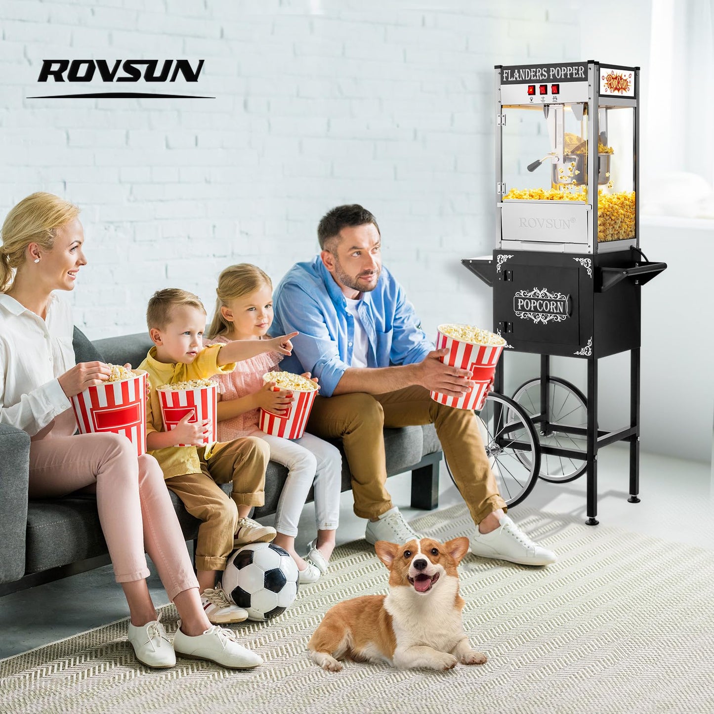 ROVSUN Popcorn Machine with Cart, 10 Oz Kettle Makes Up to 4 Gallons ETL Certified, Popcorn Maker w/Scoop, Oil Spoon, Bags & 3 Popcorn Cups, Movie Theater Style Popper for Commercial Home Party, Black