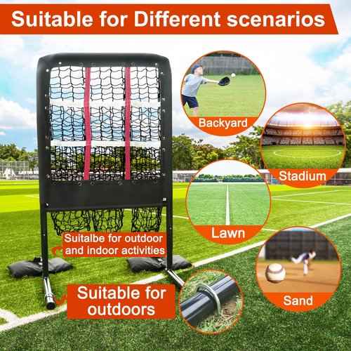 9 Hole Pitching Net with Strike Zone and Handbag, Fixed by 4 Ground Stakes & 2 Sandbags. Adjustable Heights (39-46in) for Pitching Target Net, Softball Training