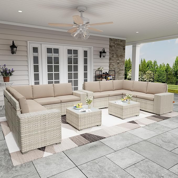 Broivira 12 Piece Patio Furniture Set, 9.8" Wide Arm Sectional Sofa with Storage Armrests, All-Weather Rattan Outdoor Conversation Set for Garden, Porch, Lawn, Backyard, Balcony, Khaki