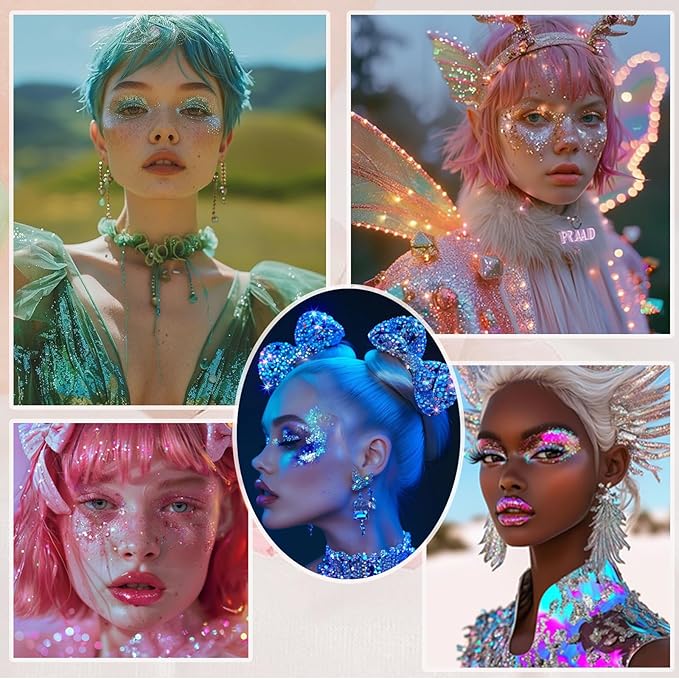 Face Body Glitter, Hair Glitter Sparkles Chunky Face Glitter Gel for Girls Makeup Singer Concerts Mermaid Festival Sequins Face Paint (White+Silver+Pink+Gold+Light Blue+Green+Rose Red)