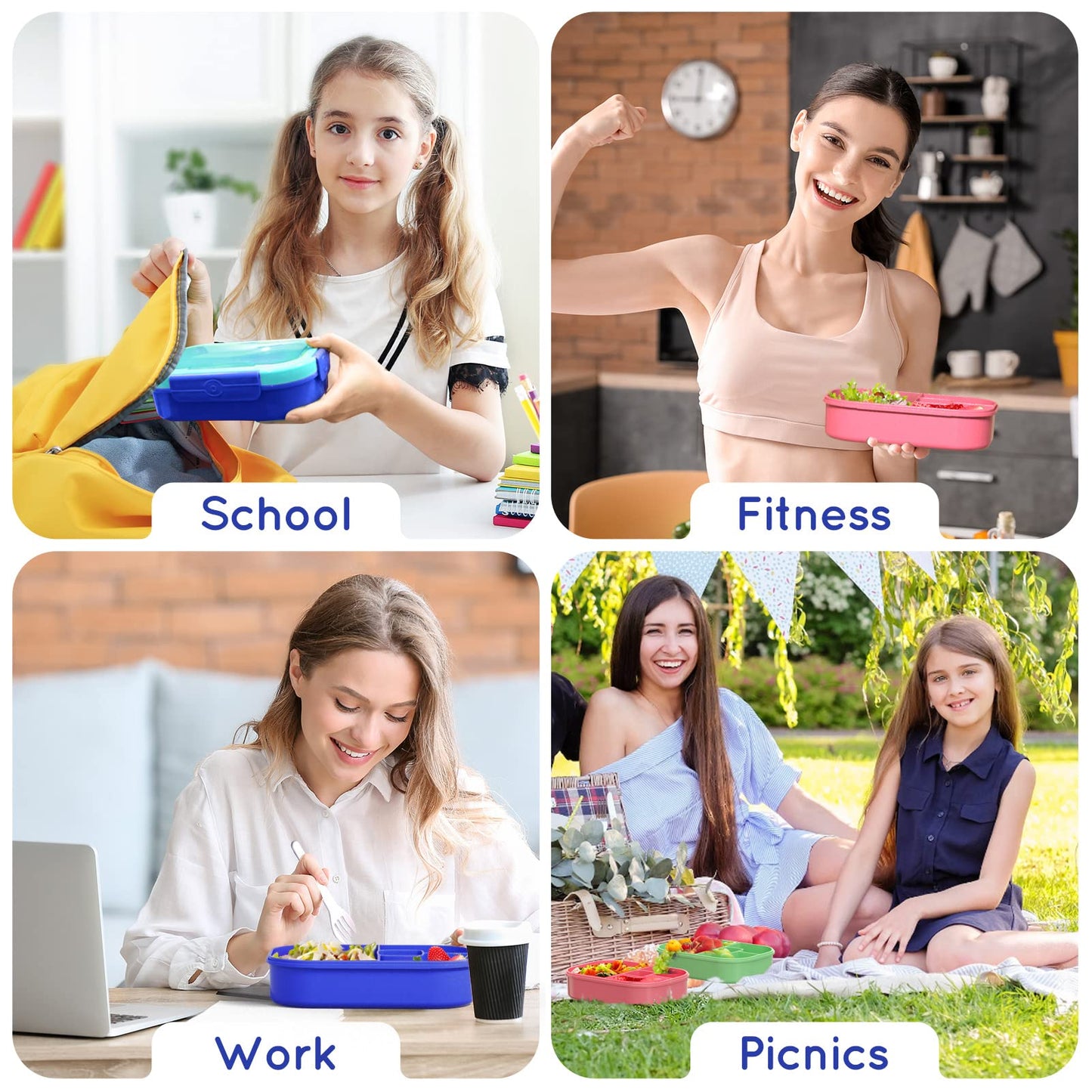 TIME4DEALS Kids Bento Lunch Box Leakproof Lunch Box with 4 Compartments Lunch Containers with Tableware Kids Bento School Lunch Boxes with Container 44oz, Microwave Dishwasher Freezer Safe (Blue)