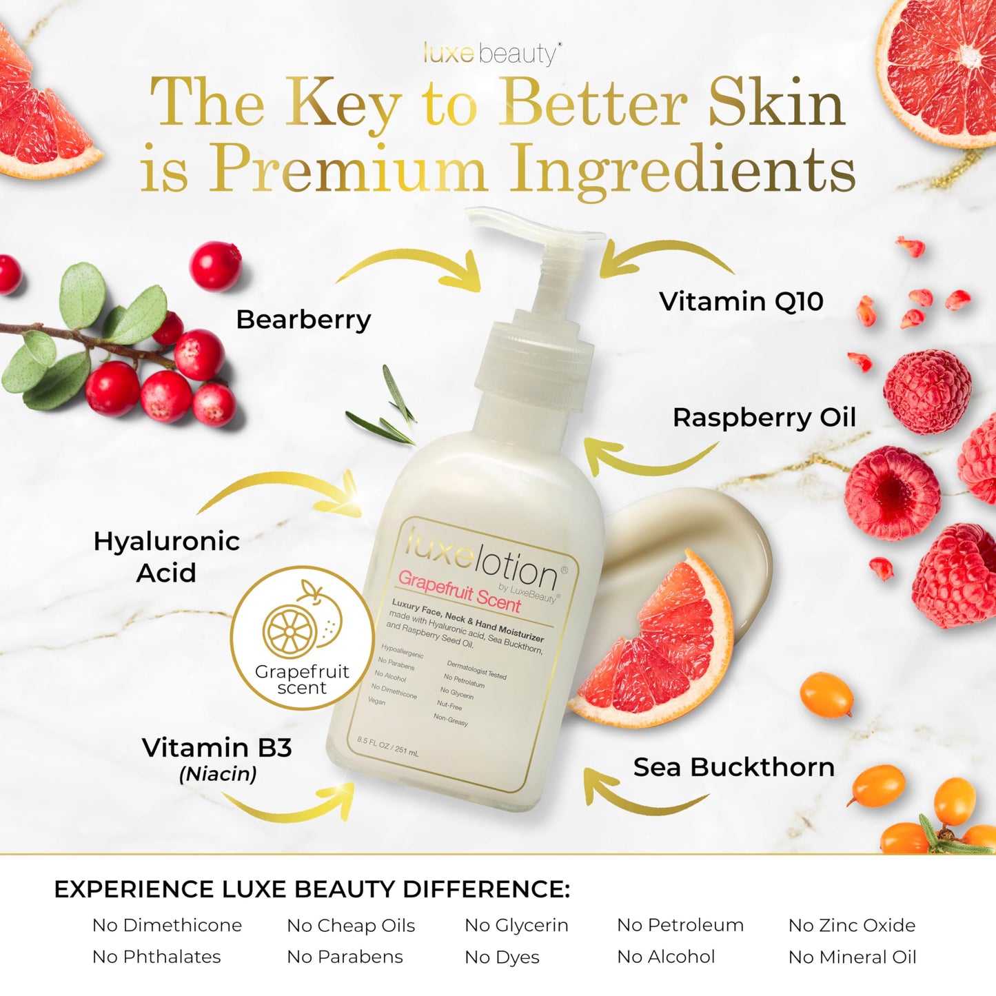 Non Greasy Hyaluronic Acid Moisturizer for Face, Neck & Hands - Grapefruit-Scented Hyaluronic Acid Body Lotion - Anti Aging, Sil