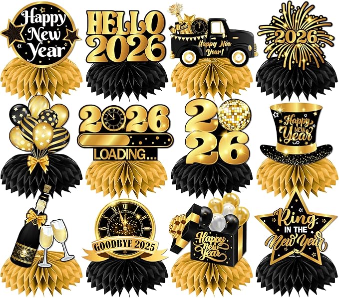 New Year Table Decorations 2026,12pcs Happy New Year Honeycomb Centerpiece Black and Gold New Years Eve Table Centerpiece,...