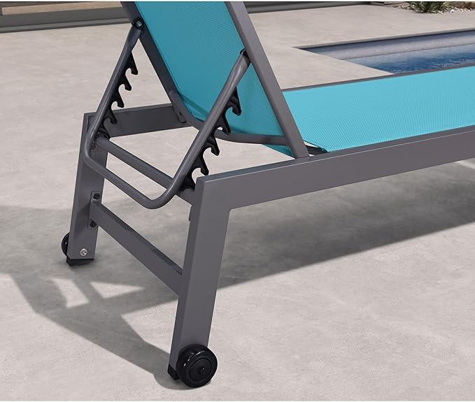 PURPLE LEAF Outdoor Lounge Chair Set for 2 Aluminum Patio Chaise Lounger with Wheels and Adjustable Backrest Pool Reclining Lounge Chairs for Beach Yard Poolside Table Included, Blue