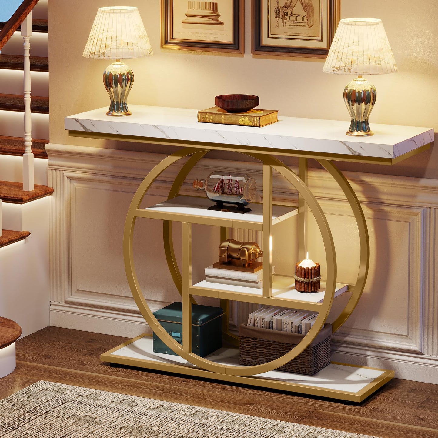 Tribesigns 41.3" Console Table, Industrial 4-Tier Sofa Entryway Table with Circle Base, Narrow Wood Accent Tables with Storage Shelves for Living Room, Hallway, Foyer, White Gold