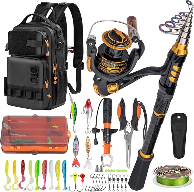 THKFISH Fishing Rod and Reel Combo with Backpack, Telescoping Fishing Pole Spinning Reel Kit with Fishing Lures, Pliers an...