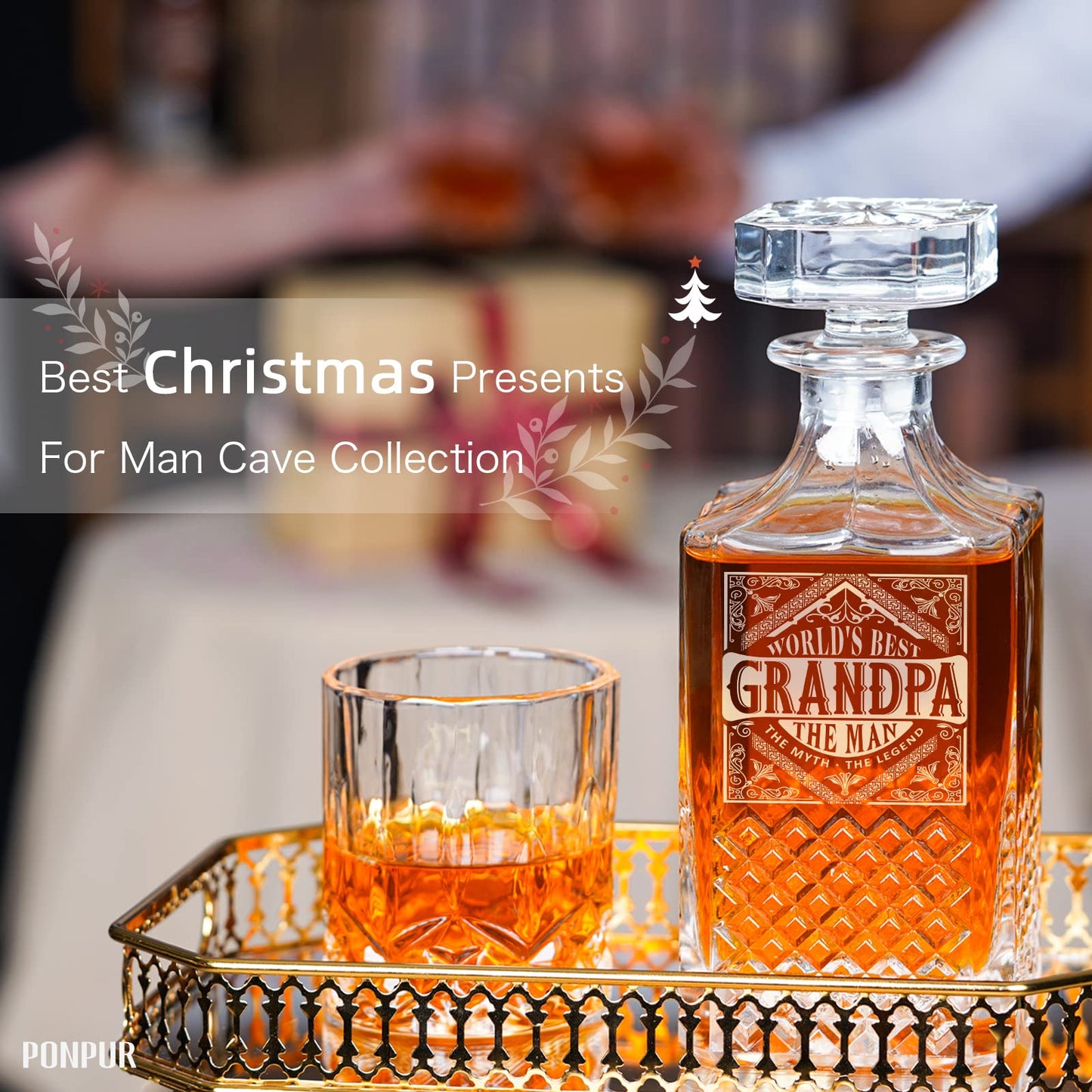PONPUR Gifts for Grandpa Papa, Whiskey Decanter Set for Grandfather, Unique Grandpa Birthday Gift from Granddaughter Grandson, Best Christmas Retirement Presents for Whisky Scotch Bourbon Lovers