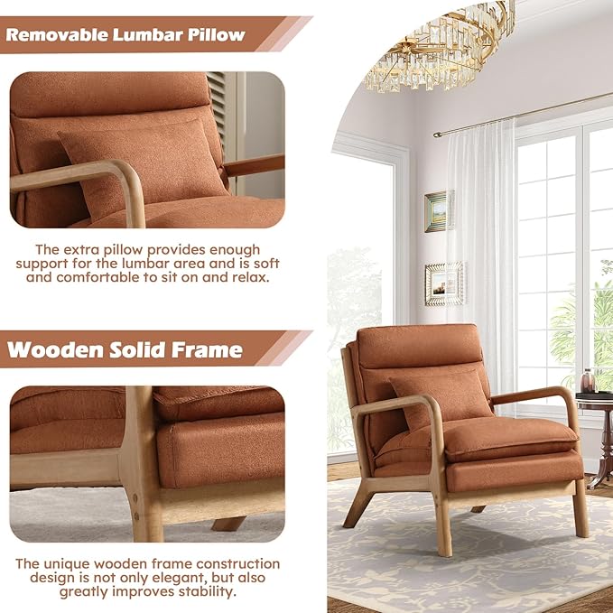 IOMOR Mid Century Modern Accent Chair, Upholstered Lounge Armchair with Plump Back Pillow, Comfy Reading Chair with Solid Wood Frame for Bedroom Living Room, Brown