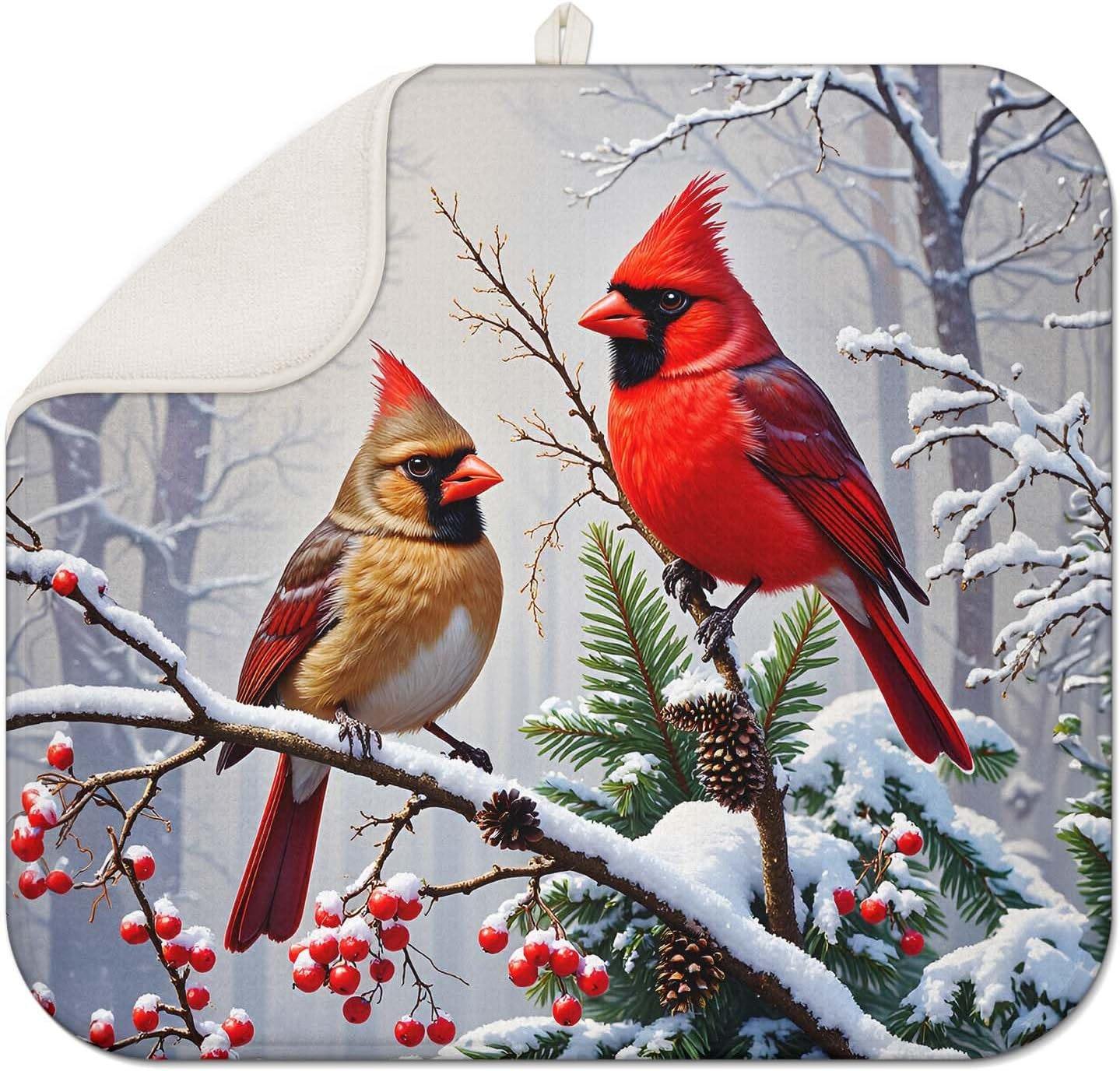 Christmas Drying Mat for Kitchen Counter 16" X 18" Christmas Dish Drying Mat for Kitchen Decor Birds Xmas Drying Mats For Home Counter Drying Mats For Dishes Dish Mat Drying Mat
