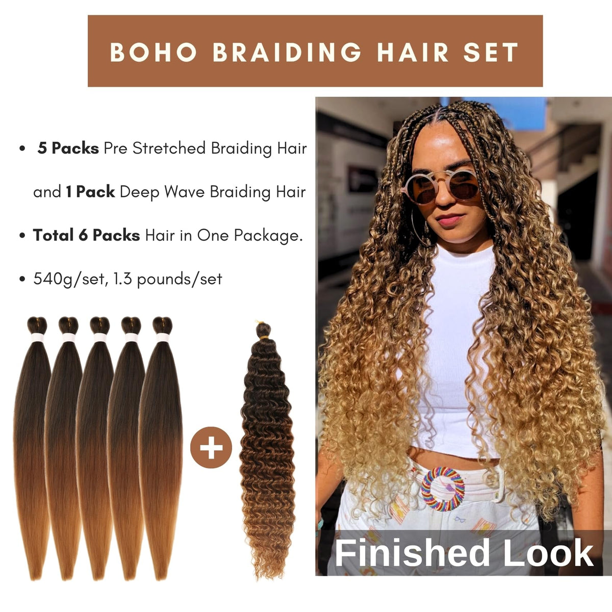 Brown to Honey Blonde Braiding Hair Pre Stretched for Boho Braids Ombre Synthetic Deep Wave Boho Braids Hair for Braiding