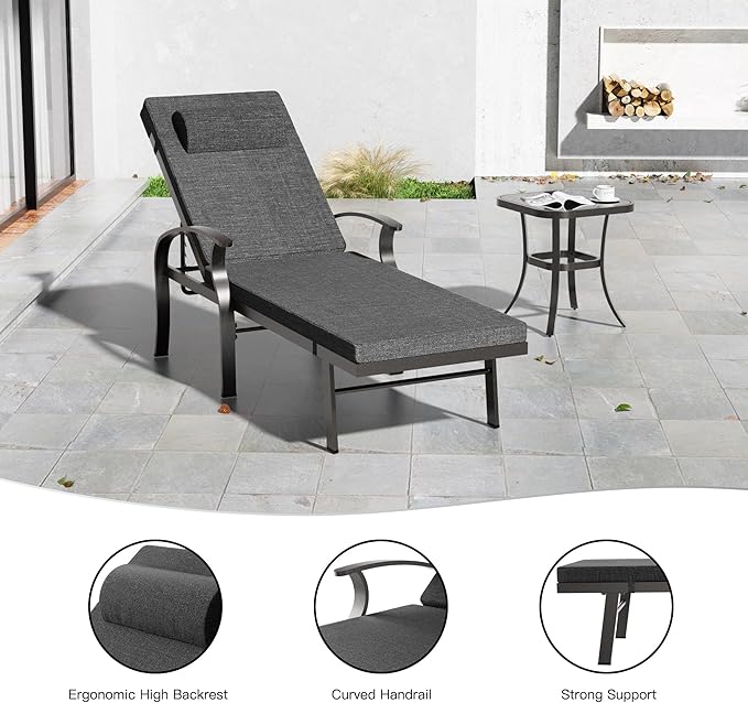 Trumbeak Patio Lounge Chairs Set of 3,Outdoor Lounge Chairs with 5 Adjustable Positions Backerst,Armrest Lounge Chair for Beach,Yard,Balcony,Poolside,Black