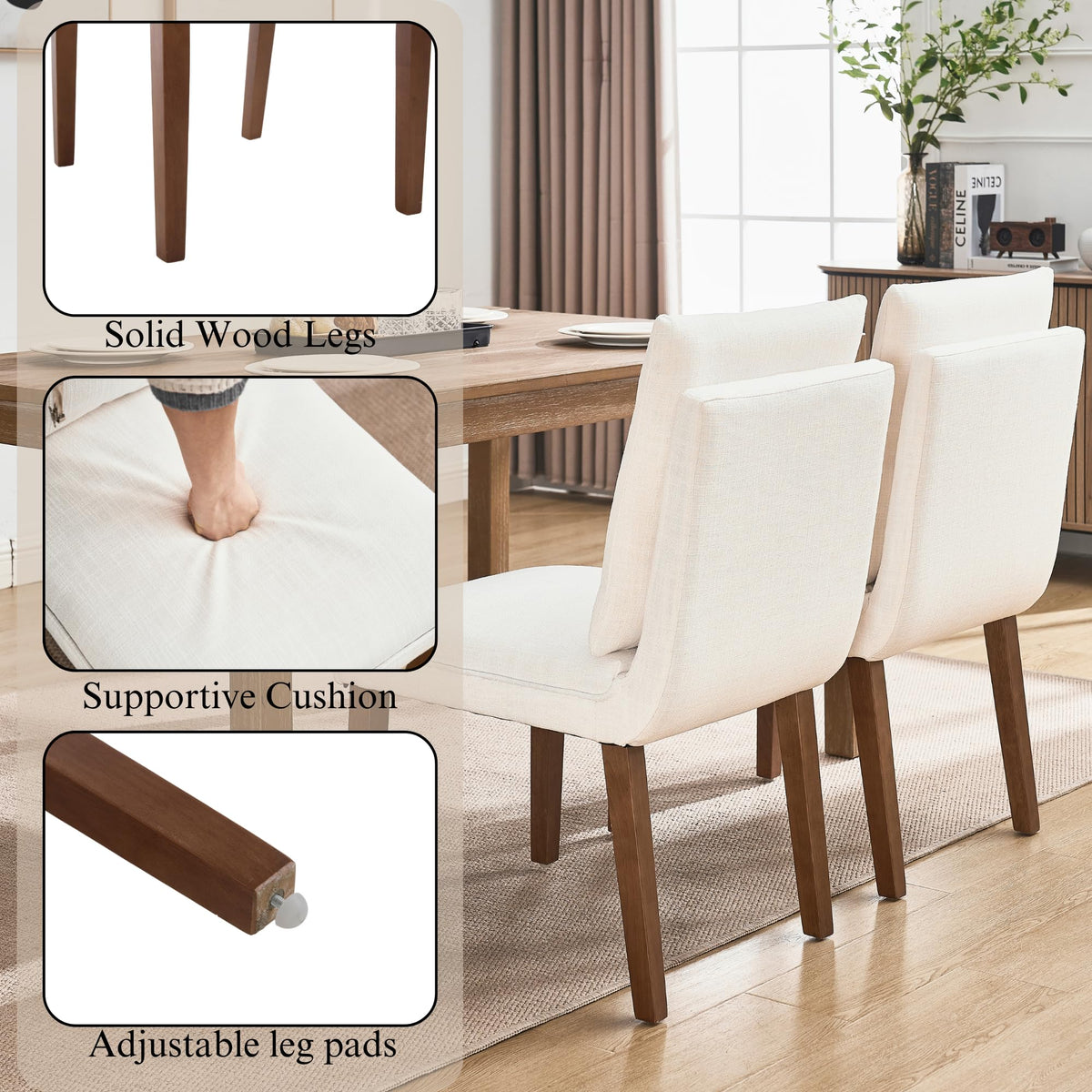 Janoray Dining Chairs Set of 2 with Removable Back Cushions,Modern Linen Upholstered Dining Chairs for Kitchen,Dining Room,Living Room, Bedroom,Cafe,Bar(Beige)