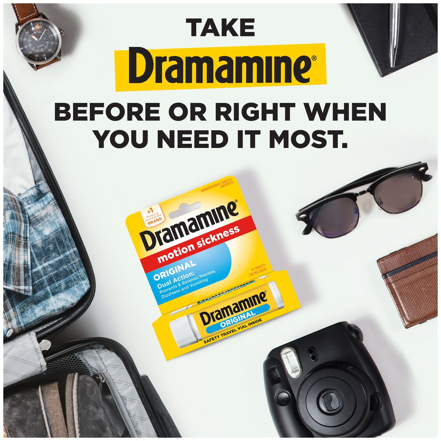 Dramamine Motion Sickness Original 12 Count Travel Vial 3 Pack and All Day Less Drowsy Motion Sickness Relief 8 Count Travel Vial 3 Pack