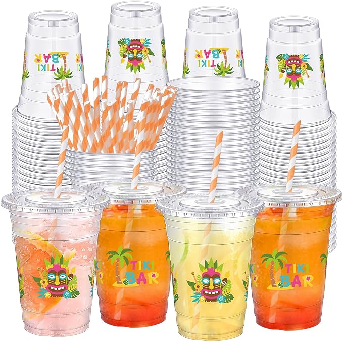 Jingmore 50 Pcs 16 oz Tiki Bar Plastic Cups Bulk with Lids and Straws Disposable Tropical Clear Drinking Cups for Tiki Bar...