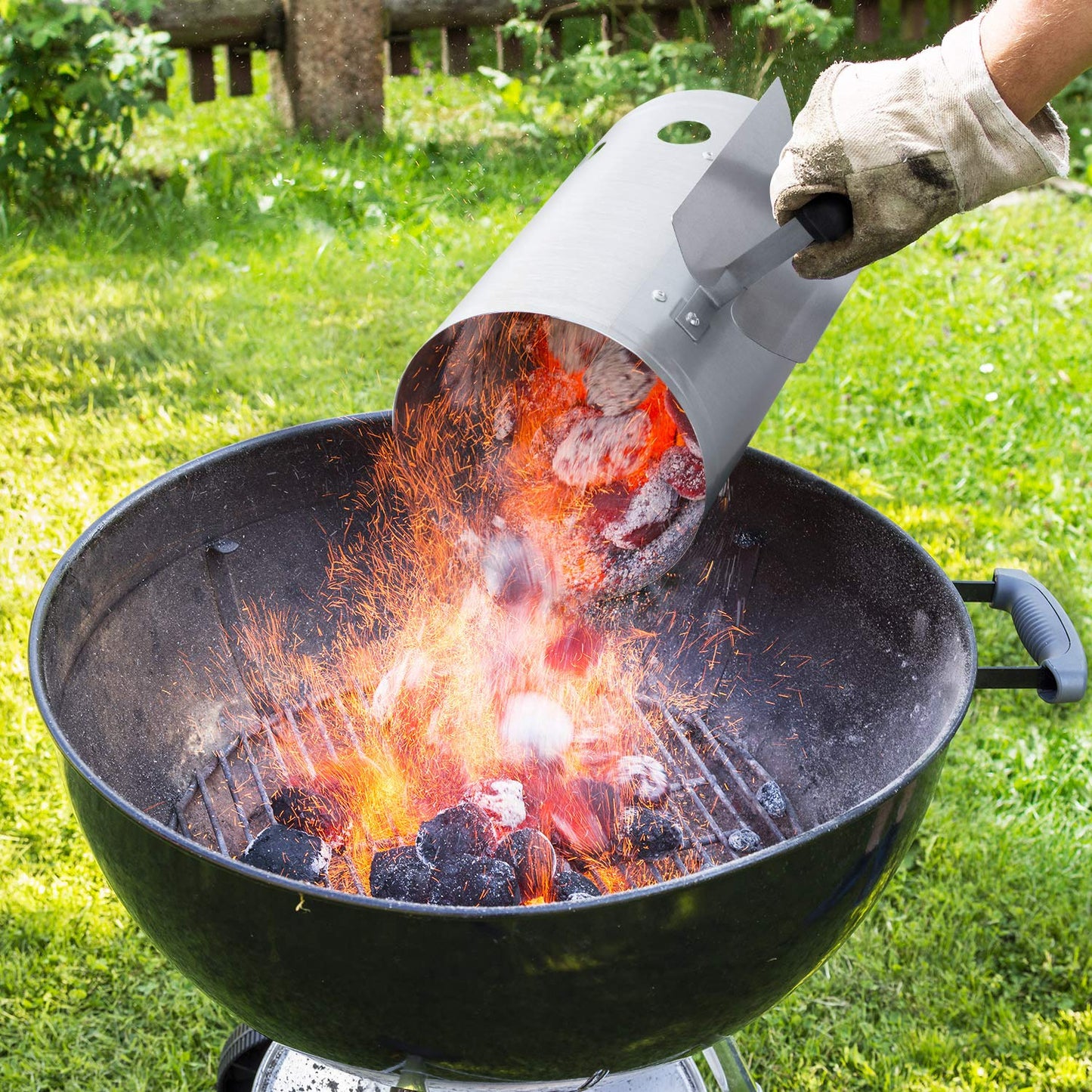 BEAU JARDIN BBQ Charcoal Chimney Starter 11"X7" Heavy Duty for Charcoal Grills Lighter Coal Fire Starter Barbecue Galvanized Steel Quick Rapid Compact Outdoor Cooking BBQ Tools Accessories Silver