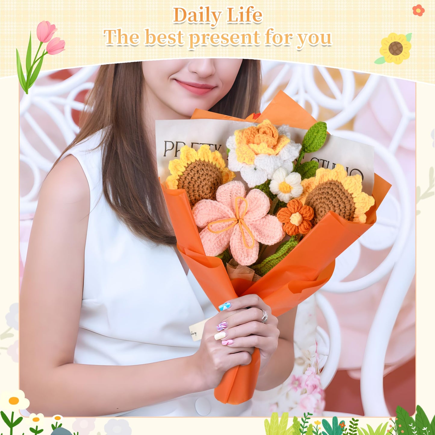 Gouraml Crochet Flower Bouquet Handmade Crochet Flowers Gifts, Crochet Tulips Sunflowers Roses 7Pcs for Mothers Day Weddings Birthdays Home Decor Ideal for Women Moms Wife Friends(Orange)