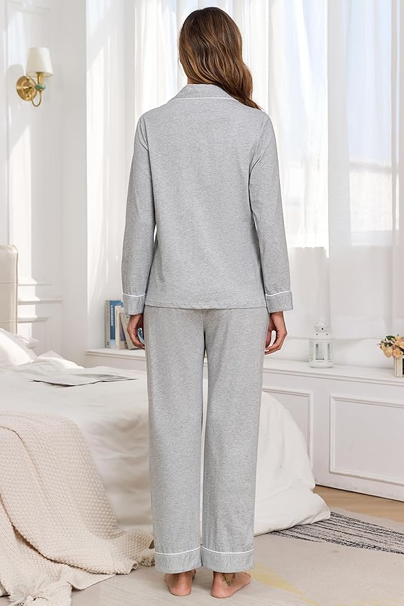 Veseacky 100% Cotton Pajamas for Women Set Long Sleeve Button Down Sleepwear Soft Pjs Lounge Sets with Pockets XS-XXL