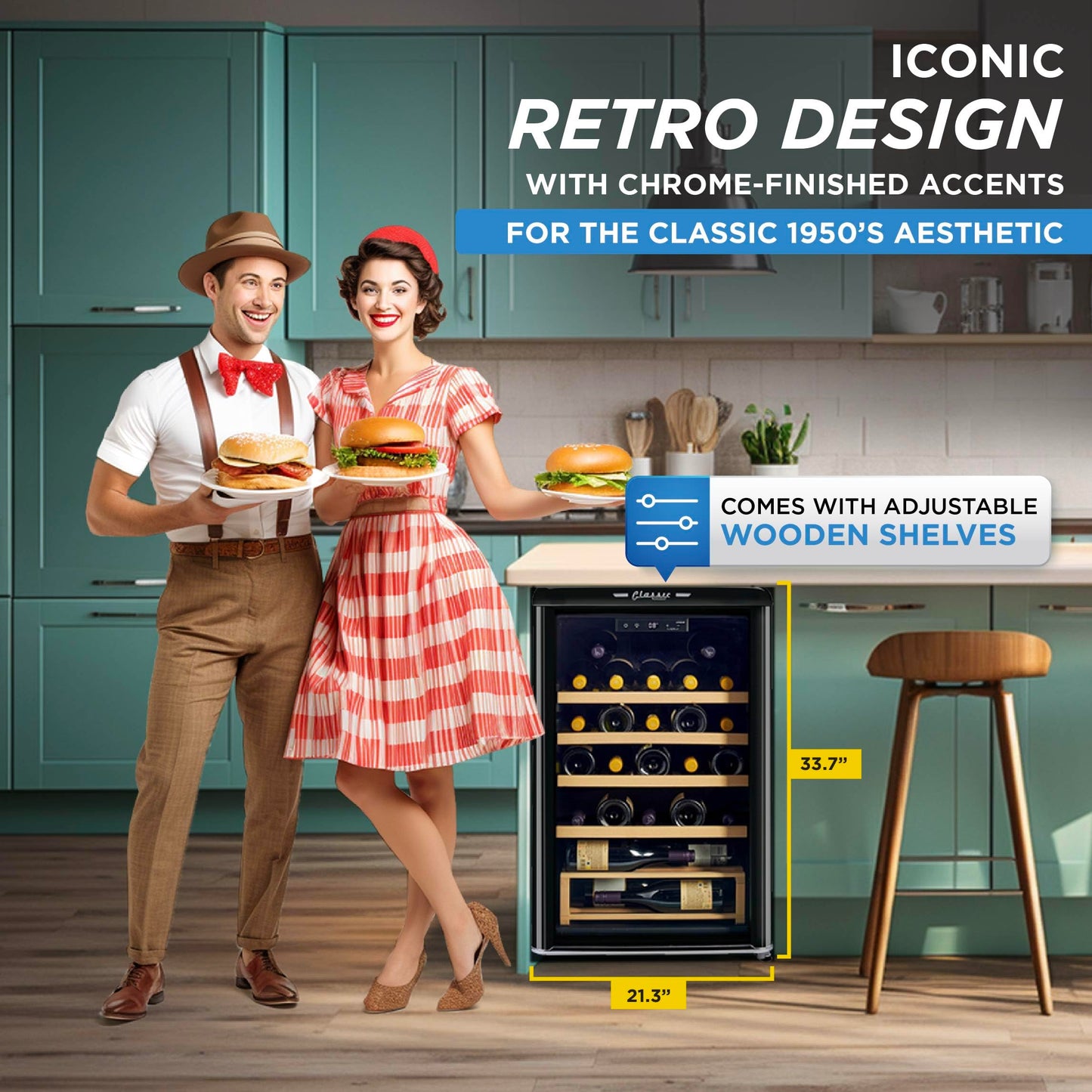 Unique Appliances Classic Retro Electric Wine Cooler, 28-Bottle Wine Fridge with Adjustable Wooden Shelves and Intuitive Digital Control Panel, Single Zone, 21", Midnight Black