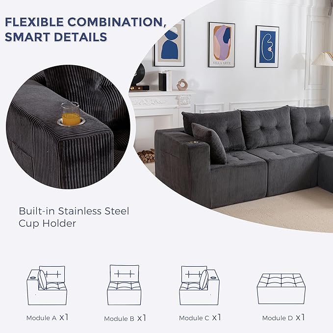 MAXYOYO Modular Sectional Sofa Couch, L Shaped Modern Cloud Couch with Ottoman, Sofa in A Box, Tufted 4-Seat Boneless Sleeper Chair for Living Room, No Assembly Required, Grey