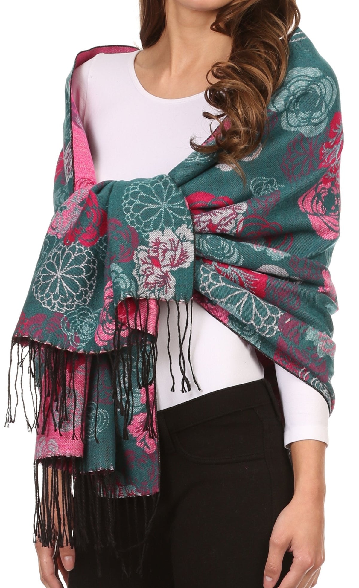 Sakkas CHS1810 - Ontario double layer floral Pashmina/Shawl/Wrap/Stole with fringe - 3-Teal - OS