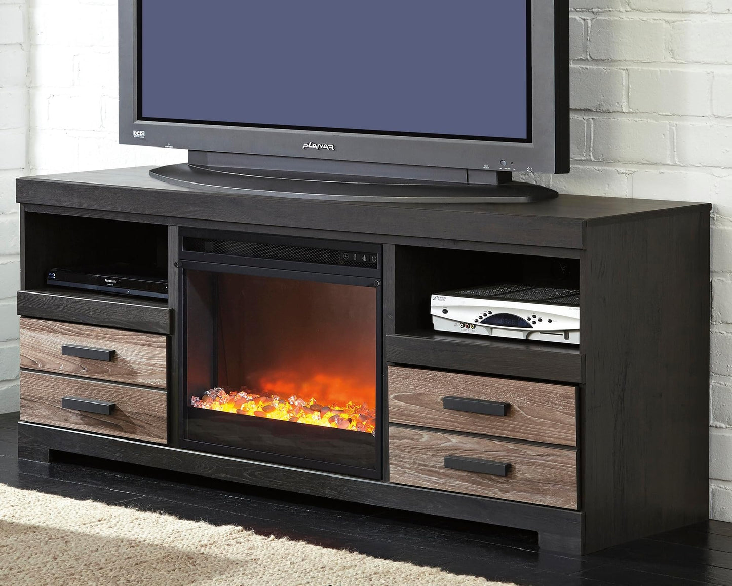 Signature Design by Ashley 24" Electric Fireplace Insert with LED, Heat or No Heat, Remote Control, 6 Temperature and 5 Brightness Settings, Faux Glass Crystals or Stones, Heats Mid-Size Room, Black
