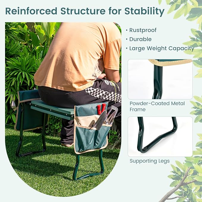 ReunionG Garden Kneeler and Seat, Foldable Garden Stool with Thick Kneeling Pad & Tool Bag, Heavy Duty 2 in 1 Gardening Bench for Seniors, Women, Parents