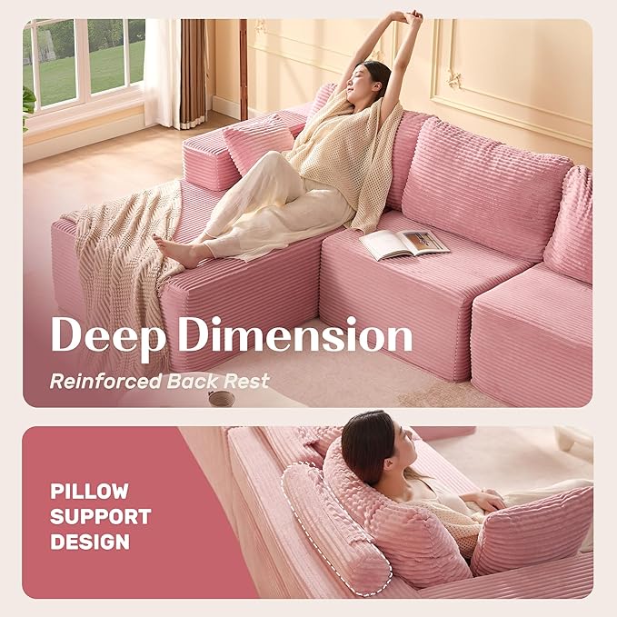 Afuson 107" Boneless Couch with Deep Seat, Modular Sectional Sofa, Cloud Sectional Couch for Living Room, No Assembly Required, Corduroy, L-Shape Left, Pink