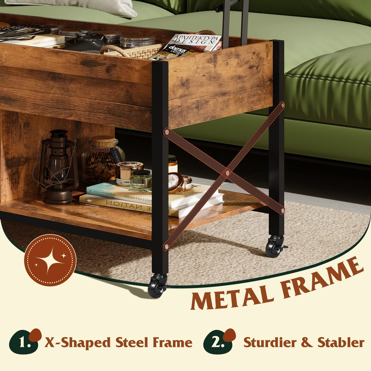 WLIVE Coffee Table, 41.3" Lift Top Coffee Table with 4 Wheels, Hidden Compartment, Storage Shelf and Lift Tabletop for Living Room, Reception Room, Rustic Brown