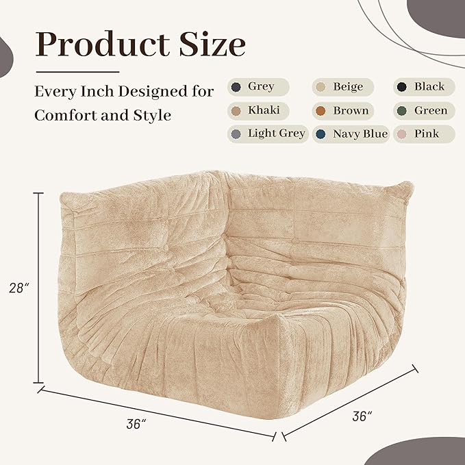 HABUTWAY Bean Bag Chair, Memory Foam Bean Bag Chairs for Adults, Fireside Corner Chair Lazy Floor Corner Sofa for Living Room, Bedroom, Dorm, Office (Khaki)